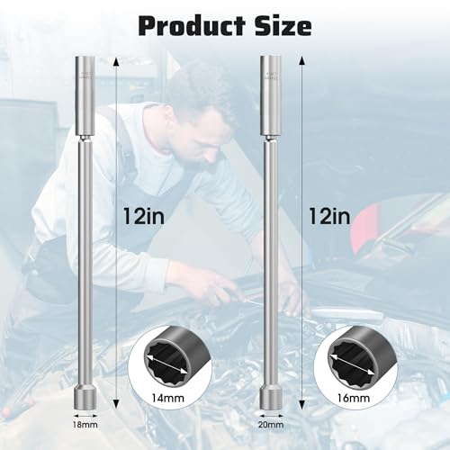 14MM & 16MM 12-Inch Extension Swivel Spark Plug Socket, 3/8-Inch Drive 12-Point Spark Plug Socket Removal Tool 360-degree Rotation, for Maximize Flexibility - size: 14mm&16mm, 12", 12-Point