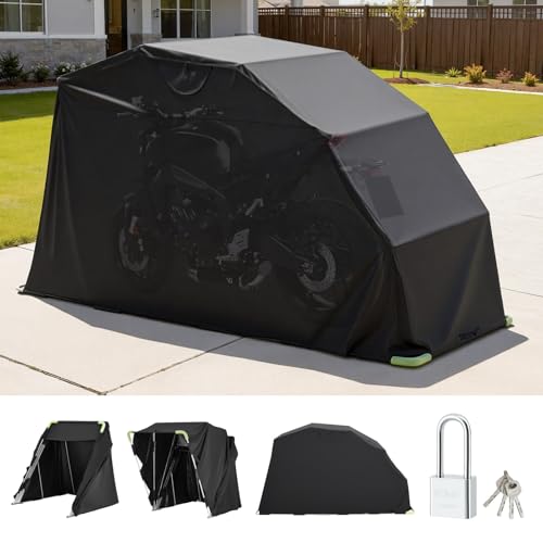 VEVOR Motorcycle Storage Shelter 136 x 54 x 75 in with Security Lock, 600D Oxford Flip-Up Garage Tent, Heavy-Duty All-Weather Motorcycle Cover Shed with 2 Side Windows, Outdoor Vehicle Shelter, Black - size: 136 x 54 x 75 inch