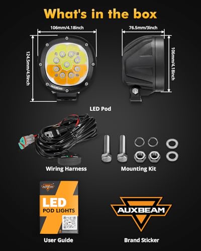 Auxbeam P4 Series Dual Color Round Strobe Light Pods 4-Inch 90W | Memory function flashing offroad lights, amber white 6-mode fog lights, automotive warning spot light bar - color: P4 Series Amber White 6 Modes Lights