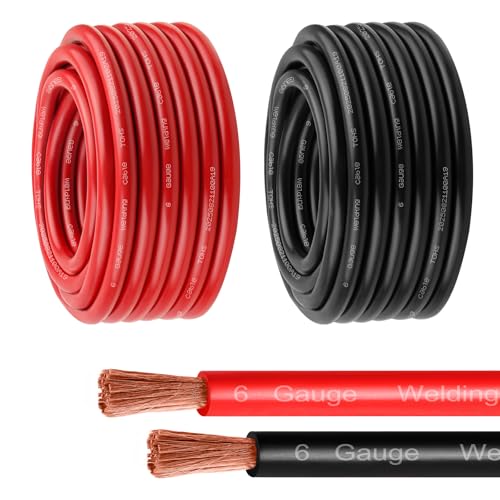 MOOKEERF 6 Gauge Battery Cable - 30FT Red + 30FT Black 6 AWG Welding Cable Flexible Stranded Oxygen-Free Pure Copper Wire for Automotive, Battery, Inverter, Solar, Marine and Generator - color: 30ft Black + 30ft Red, size: 6AWG