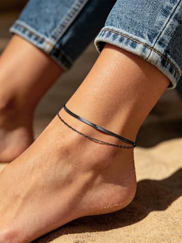 U7 Silver/Gold Ankle Bracelets for Women Layered Chain Anklets Stainless Steel Waterproof Summer Beach Anklet Cham, Adjustable 8.5"-10.5" - color: Black - Flat Snake Chain+Paperclip Chain