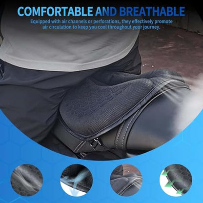 Motorcycle Gel Seat Cushion with Sunshade Cover, Foldable Soft Pressure Relief Pad with 3D-Honeycomb & Petal Ergonomic Design, Shock Absorption & Breathable Motorcycle Gel Seat Pad for Long Rides