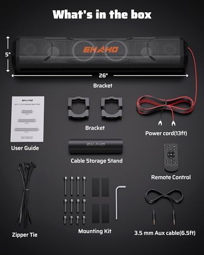 Ehaho 26 Inch 6 Speaker UTV Sound Bar, Bluetooth Golf Cart Speakers [Color Changing RGB & Strobe Light] IP66 Waterproof ATV Speaker System, SXS SoundBar Compatible with Polaris RZR CFmoto Can-Am - size: 26IN