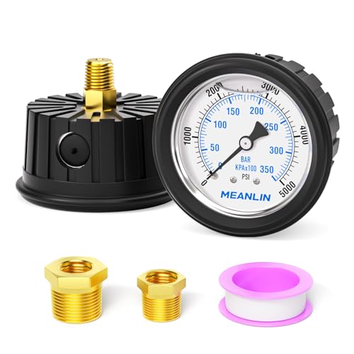 MEANLIN MEASURE 0~5000Psi Stainless Steel 1/4" NPT 2.5" FACE DIAL Liquid Filled Pressure Gauge WOG Water Oil Air Center Back Mount(with Rubber Protective Sleeve) - size: 0-5000Psi