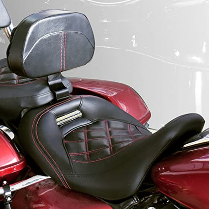 Motorcycle Front Driver Rider Backrest Pad Fits for Harley Touring CVO Street Glide Road King Special Classic Electra Glide 2009-2022 (Red Thread) - color: Red Stitching