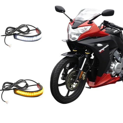 Motorcycle LED Turn Signal Light, 2PCS Switchback Fork Turn Signal DRL Daytime Running Lights, 12V Universal Wrap Around Mount LED Light Dual-Color (White + Amber)