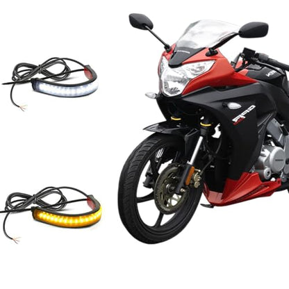 Motorcycle LED Turn Signal Light, 2PCS Switchback Fork Turn Signal DRL Daytime Running Lights, 12V Universal Wrap Around Mount LED Light Dual-Color (White + Amber)