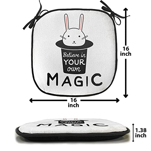 Lunarable Magic Chair Cushion Pad, Believe in Your Own Magic Quite Print with Rabbit in Hat Print, Seat Padding for Kitchen & Patio with Anti-Slip Backing, 16"x16", Black Beige - color: Black Beige, size: Pack of 1