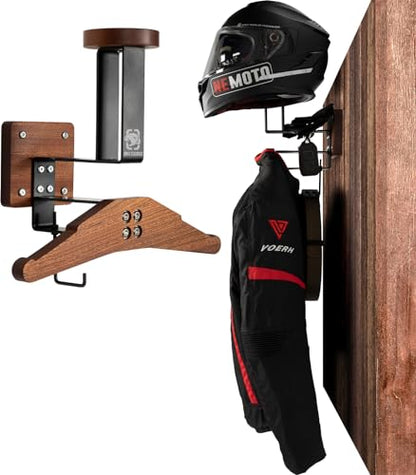 OneTigris Motorcycle Helmet Holder Wall Mount, Tactical Gear Holder with Helmet Stand and Plate Carrier Hanger, Solid Wood Wall Rack Organizer & Display for Police, Football, Cycling Gear - color: Sapele