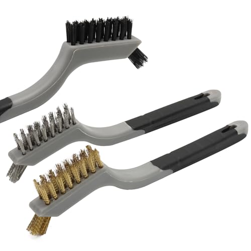 3PCS Durable Wire Brush Set,Brass Stainless Steel Nylon,Curved Handle Brush for Cleaning Rust Removal in Holes DIY Enthusiasts(Grey) - style: Grey-Nylon,Brass,Stainless Steel