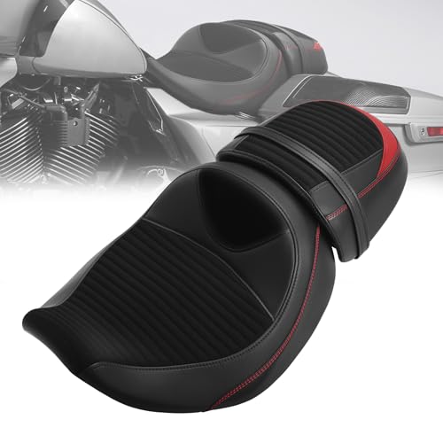 C.C. RIDER Low-Profile Rider&Passenger Seat Fit for Harley Touring 2023-2025 CVO Street Glide FLHXSE CVO Road Glide FLTRXSE 2024-2025 Street Glide FLHX Road Glide FLTRX FLTRXSTSE - size: 08# Black+ Red Stitchs