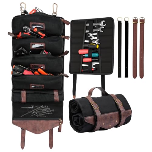KEMIMOTO Roll Up Tool Bag Vintage Oil Waxed Canvas Tool Bag Organizer Motorcycle UTV ATV Portable Detachable Pouches Wrench Organizer Compatible with Softail Dyna Cruiser Sportster Touring