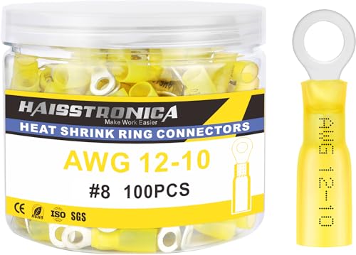 haisstronica 100PCS Heat Shrink Ring Terminals #8 Marine Grade Wire Connectors Yellow AWG 12-10 Gauge, Tinned Red Copper 1mm Resistant Ring Connectors, Brazed-Seam Insulated Electrical Crimp - color: Yellow, size: Ring 5/32"