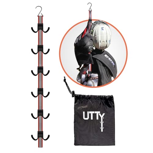 UTTY Multipurpose Portable Hanging Rack - Durable Hockey Gear Drying Rack & Sports Equipment Organizer - 6 Durable Adjustable Hooks, Support Light to Heavy Weight for Home, Travel & Outdoor Use