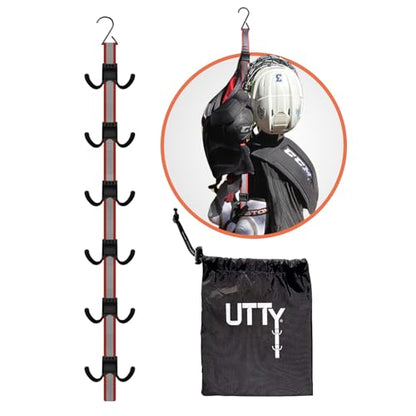 UTTY Multipurpose Portable Hanging Rack - Durable Hockey Gear Drying Rack & Sports Equipment Organizer - 6 Durable Adjustable Hooks, Support Light to Heavy Weight for Home, Travel & Outdoor Use