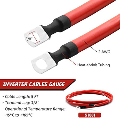 2 AWG Battery Cable 2 Gauge Pure Copper Battery Inverter Cables with 3/8 in Lugs Both Ends Power Inverter Wire Set for Automotive Solar Power Inverter Marine Boat RV Car Motorcycle (5FT) - size: 5 ft