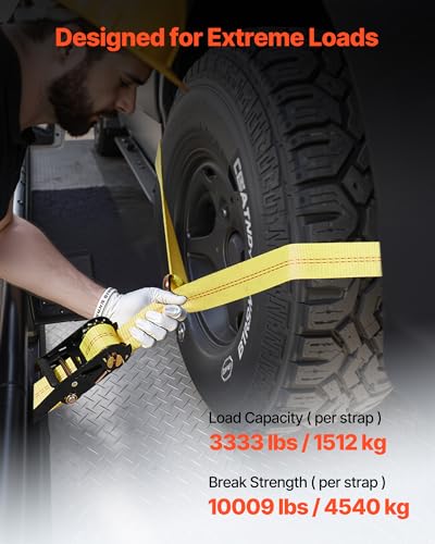 VEVOR Wheel Chock Tie-Down Kit, Tire-Style Trailer Tie Down Strap, Car Tie Down Kit with Spring Hook, Break Strength 10009 lbs & Working Load 3333 lbs Motorcycle System for ATV, SUV, Trailer - style: Tire-Style with Spring Hook