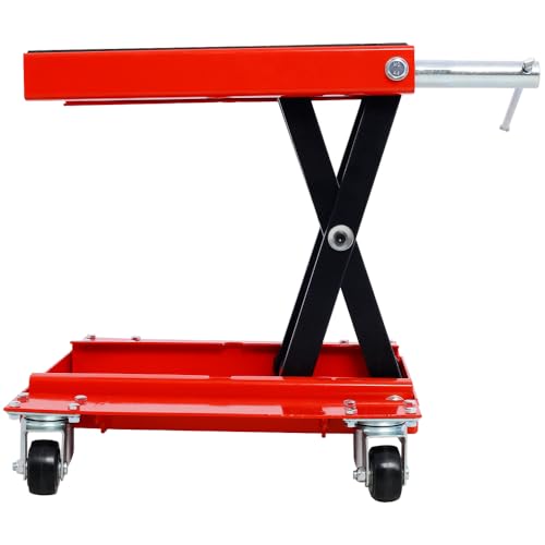 1100lb Heavy-Duty Motorcycle Lift Jack with Dolly Tray, Front Rear Center Tire Wheel Engine Stand Wide Deck - Scissor Lift for Cruisers, Trikes, ATVs - Portable, Red Steel Construction