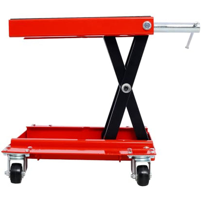 1100lb Heavy-Duty Motorcycle Lift Jack with Dolly Tray, Front Rear Center Tire Wheel Engine Stand Wide Deck - Scissor Lift for Cruisers, Trikes, ATVs - Portable, Red Steel Construction