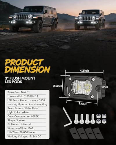 2PCS 40W Flush Mount LED Pods, Flood Beam CREE LED Driving Lights Reverse Backup Light Driving Backup Reverse Light Grill Mount with Wiring Harness Kit Bumper Light for Truck Pickup UTV ATV - size: 4inch Flush Mount - Flood