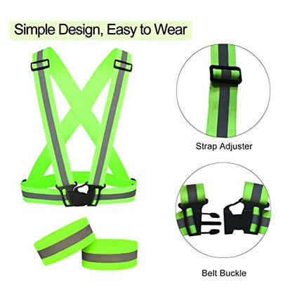 2 Pack Large Size Adjustable Running Reflective Vests, High Visibility Safety Reflective Gears and 2 Pack Reflective Gear Wristbands for Night Running, Biking,Hiking,Jogging and Dog Walking