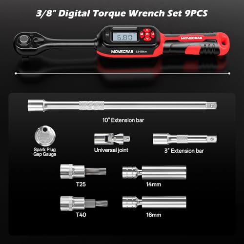 3/8" Professional Electronic Torque Wrench with LED Display, 6.8-135 N.m/5-99.6 Ft.Lb, ±2% Precision Digital Torque Wrench, Smart Buzzer Alert, Preset Memory, Peak & Track Mode for Mechanics - size: 3/8" 9pcs-Spark 6.8-135N.m/5-99.6Ft.lb
