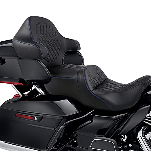 HR3 Wrap Around Backrest Pad for King Trunk Chopped Trunk Compatible with 2014-later Harley Touring Road King Road Glide Street Glide Electra Glide (Diamond Blue Stitches) - color: Blue Stitches