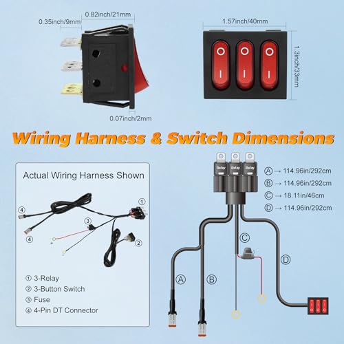 2 Leads Wiring Harness Kit, 12V Plug & Play 4-Pin DT Wiring Harness with 3-Button Switch & Relay Blade Fuse for Truck SUV ATV Off-Road LED Light Pods & Light Bars