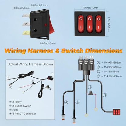 2 Leads Wiring Harness Kit, 12V Plug & Play 4-Pin DT Wiring Harness with 3-Button Switch & Relay Blade Fuse for Truck SUV ATV Off-Road LED Light Pods & Light Bars