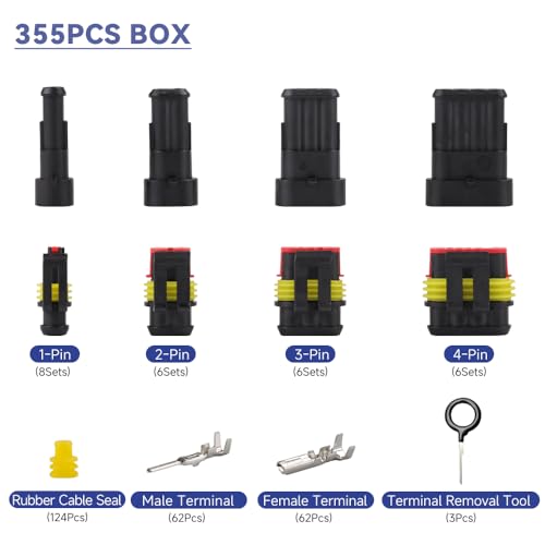 26 Sets 355Pcs Automotive Waterproof Wire Connectors with SN-48B Crimping Tool - Male/Female 1/2/3/4/ Pin - for Cars, Motorcycles & Boats - 22-16 AWG - size: 355PCS Connectors+Crimper