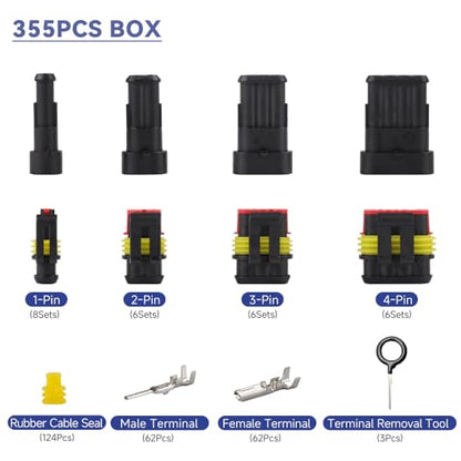 26 Sets 355Pcs Automotive Waterproof Wire Connectors - Male/Female 1/2/3/4 Pin - for Cars, Motorcycles & Boats - 22-16 AWG - size: 355PCS Connectors