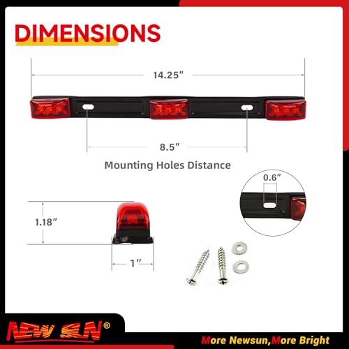 NEW SUN 15" Black Stainless Steel 3 Lights 9 LED Identification Light Bar - 1 Pcs Clearance Red Waterproof, Surface Mount Sealed ID Indicator for Trucks Trailers RVs, Top & Side Mark & Break - color: 1 Pcs Red