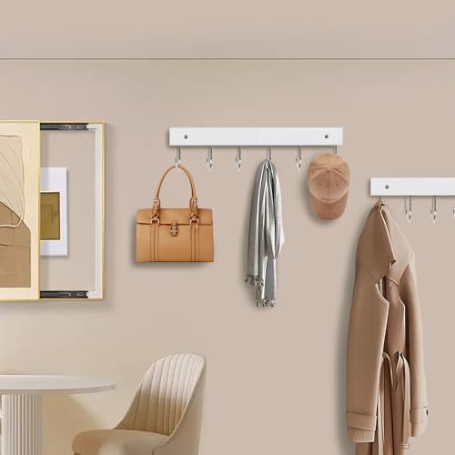 2 Pack Coat Rack Wall Mount with 12 Rotating 180° Coat Hooks, 14.6" Rustproof Wooden Entryway Organizer, Wall Hooks for Hanging Coats, Purse, Hats, Jackets, Towels, Space Saving Hanger (White) - color: White
