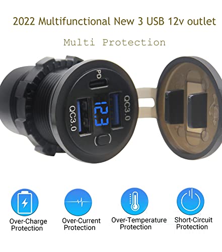 Dual USB Quick Charge 3.0 Port & PD USB C Car Charger Socket, 12V USB Outlet with Voltmeter and Power Switch for Car Boat Marine Truck - color: 2QC+1PD