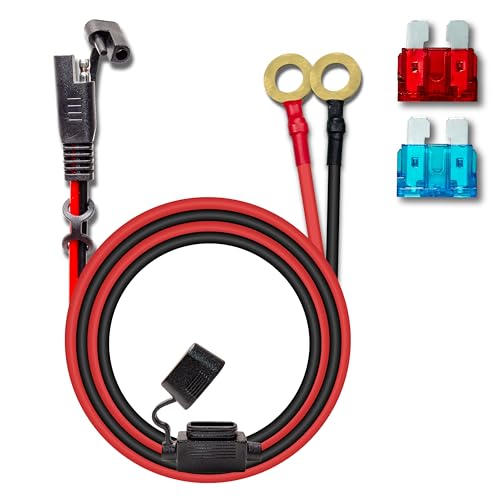 16AWG 2FT Charger Cable, SAE to O Ring Terminal Quick Disconnect Harness, 2 Pin SAE Connectors Extension Cables Cord with 10& 15A Fuse for Car, Motorcycle, Solar Panel - color: 16awg2ft