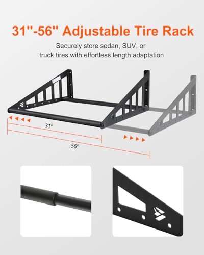 JY PERFORMANCE Adjustable Wall Mounted Tire Rack, Heavy Duty Steel Tire Storage Rack for Garage, Fits 31"-56" Wide, Powder Coated, 400 lbs Weight Capacity, Black