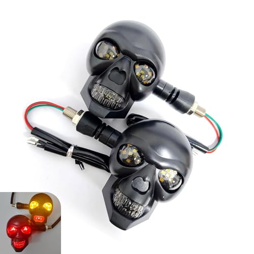 2 PCS Motorcycle Skull Turn Signal Light, 10 mm Screw LED Turn Signal Lamp with Red DRL & Amber Direction Warning, Universal for Scooter Dirt Bike (Red & Amber) - color: Red & Amber