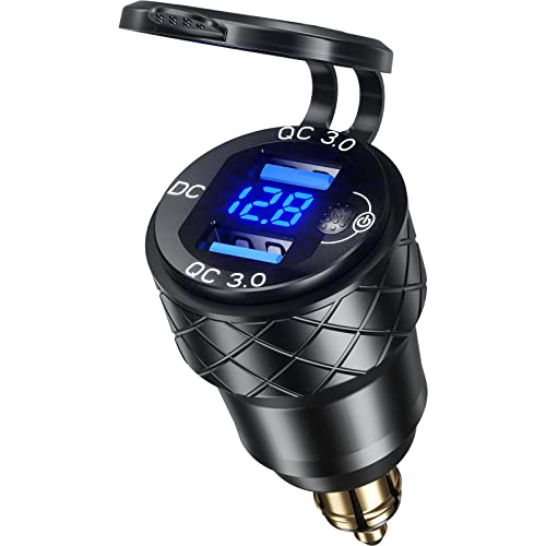 Kewig Aluminum DIN Plug Charger Motorcycle Dual Quick 3.0 USB Charger Power Adapter with LED Display Waterproof for 12V-24V BMW Ducati Triumph DIN Socket - style: Black with Blue Light