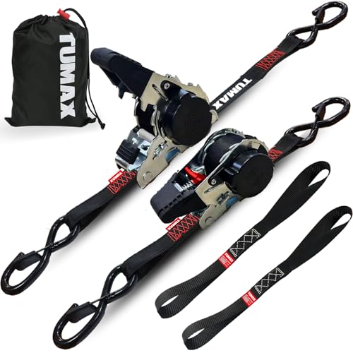 2-Pack Retractable Ratchet Tie Down Straps, 1" x 10ft with Soft Loops & S-Hooks, 1500lbs Break Strength Self-Retracting Cargo Straps for Truck, Trailer, Motorcycle, ATV, Kayak (Black) - size: 2PK- 1500lbs-Black