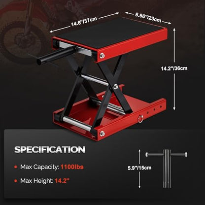 TUFFIOM 1100LBS Motorcycle Scissor Lift Jack，Height Adjustable with Rubber Top Surface & Safety Pin, Foldable Motorcycle Center Stand for Dirt Bike ATV, Red - size: w/Rubber Top Surface