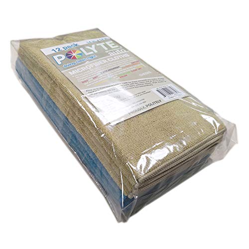 POLYTE Professional Microfiber Cleaning Cloth, 14 x 14 in, Blue, Camel, Gray (12 Pack)
