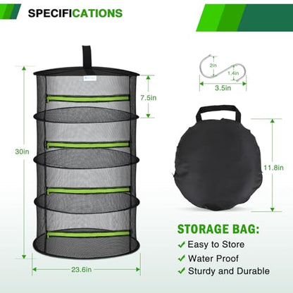Yesker 4 Layer Herb Drying Rack Hanging Mesh Net Foldable Plant Drying Racks 24" Diameter with Green Zipper & Hook Dryer Hanging Rack for Herbs Seed Bud Fruit Clothes Grow Tent Closets Garden Outdoor - size: 4 Layers Fluorescent Green & Black with Hook
