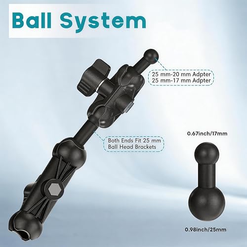 1 inch to 1 inch (2.45”+3.73”) Ball Mount Arm with 1 inch-20mm/1 inch-17mm Adapters for Car/Boat/Bike. - style: Ball Extension Connector with Dual 3.73+2.45” Ball Mount Arm
