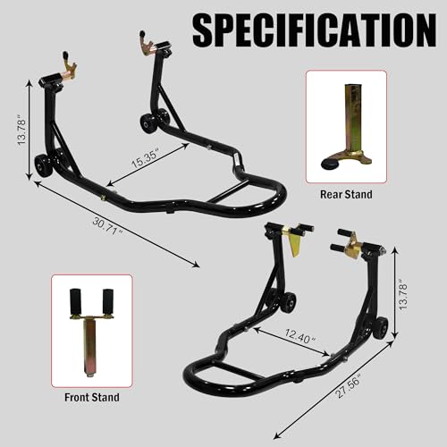 Motorcycle Front & Rear Wheel Lift Stand Combo, 440lbs per stand (880lbs Total) Steel Paddock Stands with Adjustable Fork & Swingarm Spool Heads