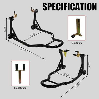 Motorcycle Front & Rear Wheel Lift Stand Combo, 440lbs per stand (880lbs Total) Steel Paddock Stands with Adjustable Fork & Swingarm Spool Heads