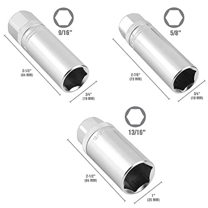 OEMTOOLS 22891 3/8 Drive Magnetic Spark Plug Socket Set, Contains 5/8" (16 mm), 9/16", and 13/16" 6 Point Deep Sockets, Fits Most Car Spark Plugs - style: 3 piece set