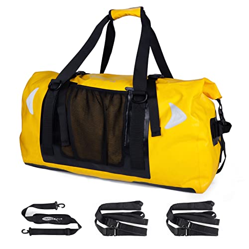65L Waterproof Duffel Bag for Men and Women - Large Motorcycle Duffle Bag with Straps for Back Seat - Roll Top Dry Bag for Kayaking, Rafting, Boating, Swimming, Beach - color: Yellow