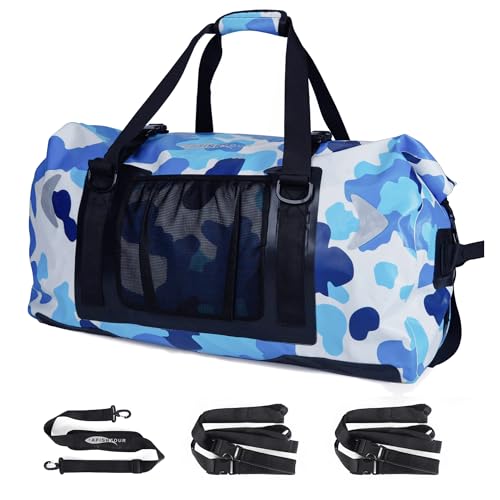 65L Waterproof Duffel Bag for Men and Women - Large Motorcycle Duffle Bag with Straps for Back Seat - Roll Top Dry Bag for Kayaking, Rafting, Boating, Swimming, Beach - color: Blue