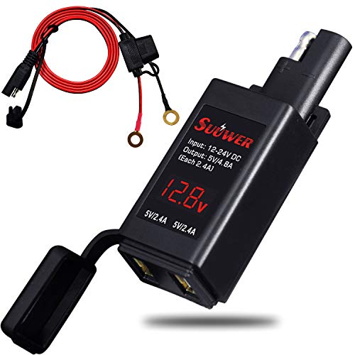 Suuwer 5V 4.8A Dual USB Motorcycle Charger - Quick Disconnect SAE Adapter with LED Voltmeter & ON/Off Switch