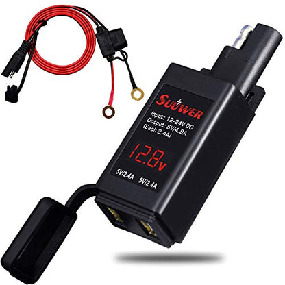 Suuwer 5V 4.8A Dual USB Motorcycle Charger - Quick Disconnect SAE Adapter with LED Voltmeter & ON/Off Switch